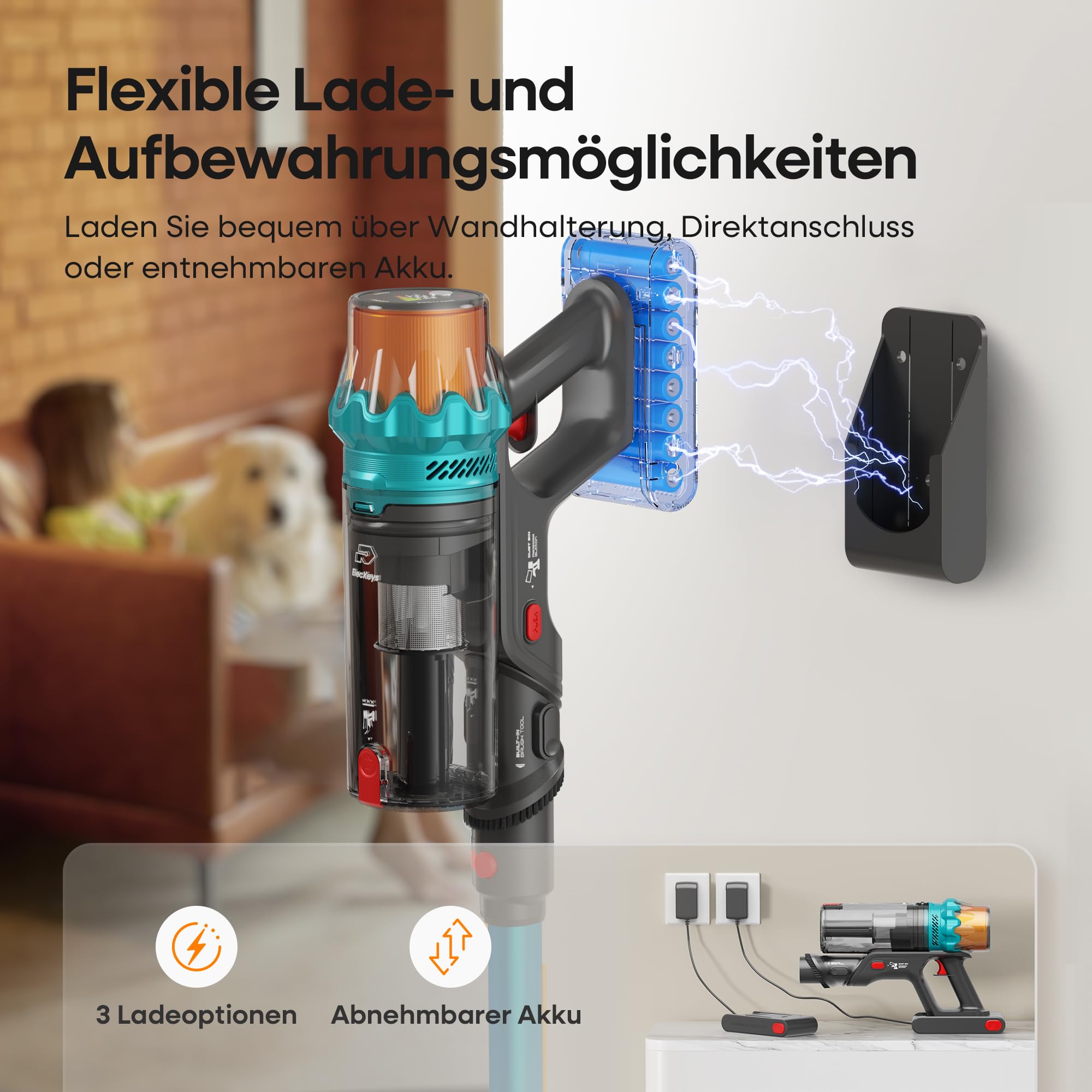ElecKeys K10: 50000 Pa / 600 W / 70 Min – Akkusauger mit LED-Display, Anti-Tangle-Bürste & Wandstation – für Hartböden & Haustiere
