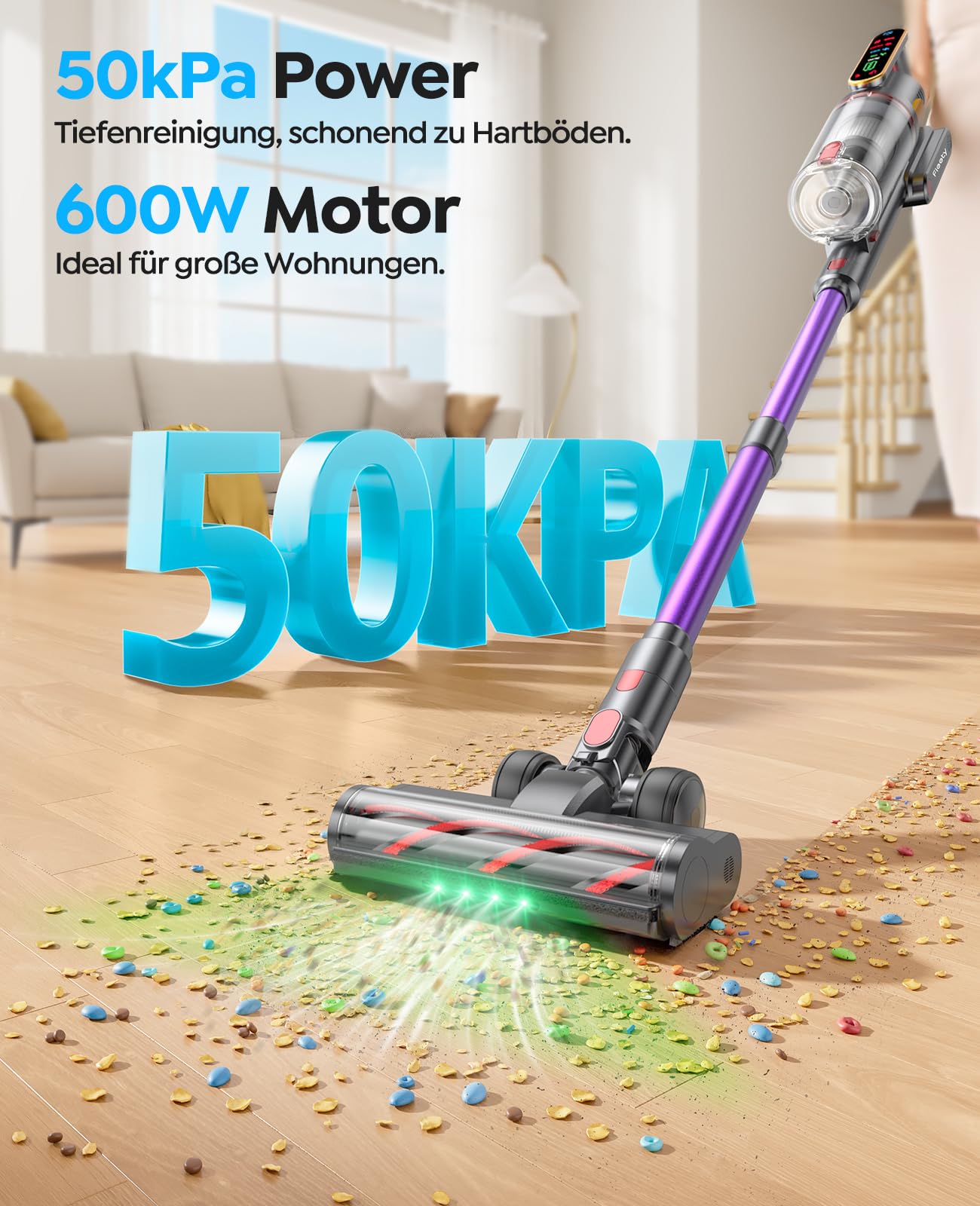Fieety 600W: 600 W / 50 kPa / 65 Min – Kabelloser Staubsauger mit Tierpflegebürste & 8-Schicht-Filter – leise und stark für Hartböden & Haustiere