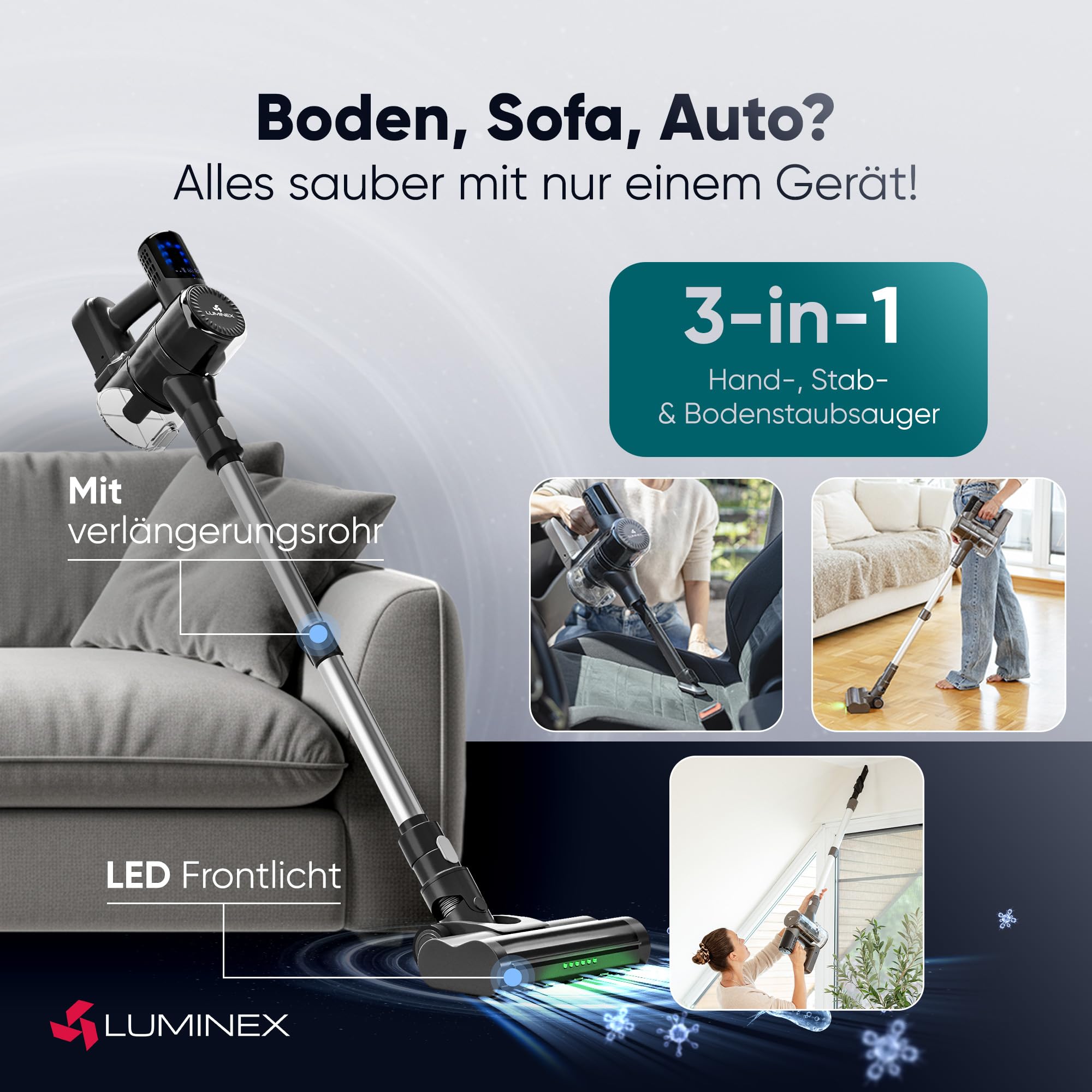 3-in-1 Akkustaubsauger: Mit LED-Display & Echtzeit-Akkuanzeige β Anti-Tangle BΓΌrste fΓΌr Tierhaare β beutellos fΓΌr Auto, Teppich & Haushalt