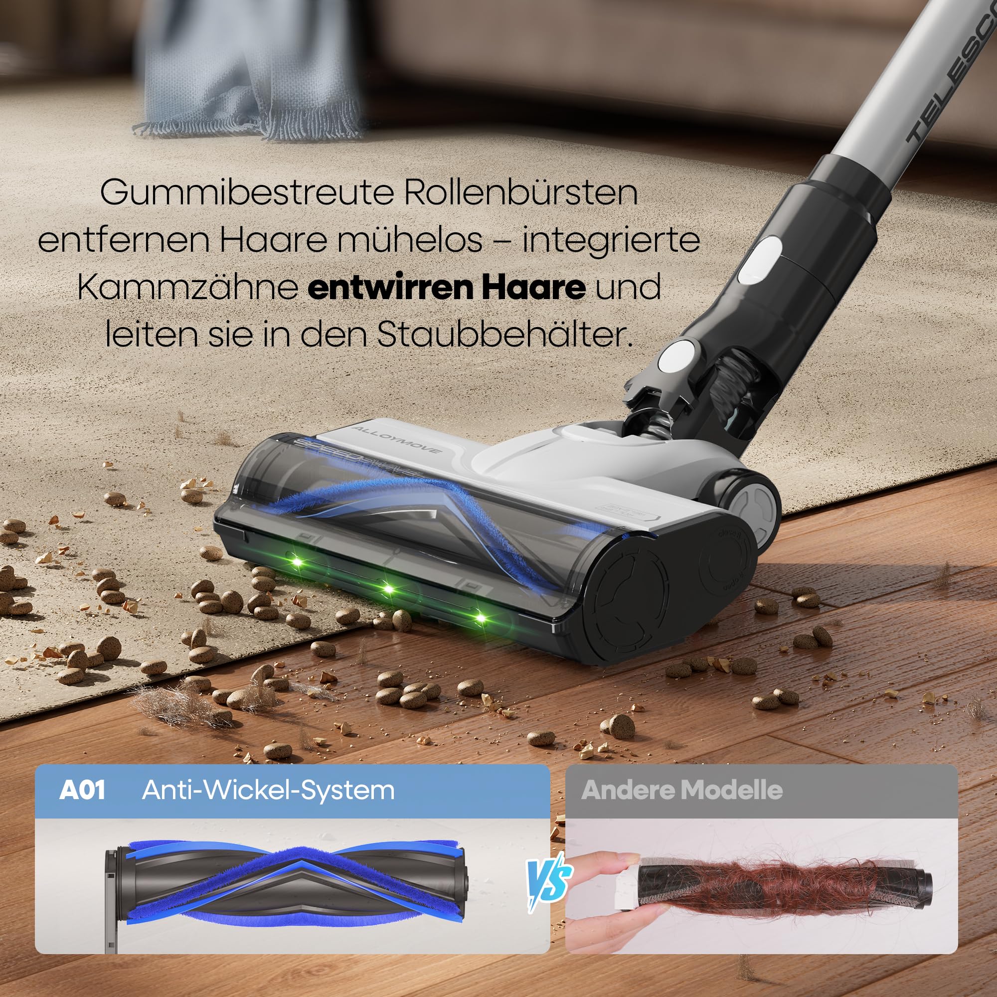 AlloyMove A01: 48000 Pa / 550 W / 65 Min â Akkusauger mit Anti-Tangle-BĂŒrste & Wandhalterung â leise und stark fĂŒr Auto & Hartböden