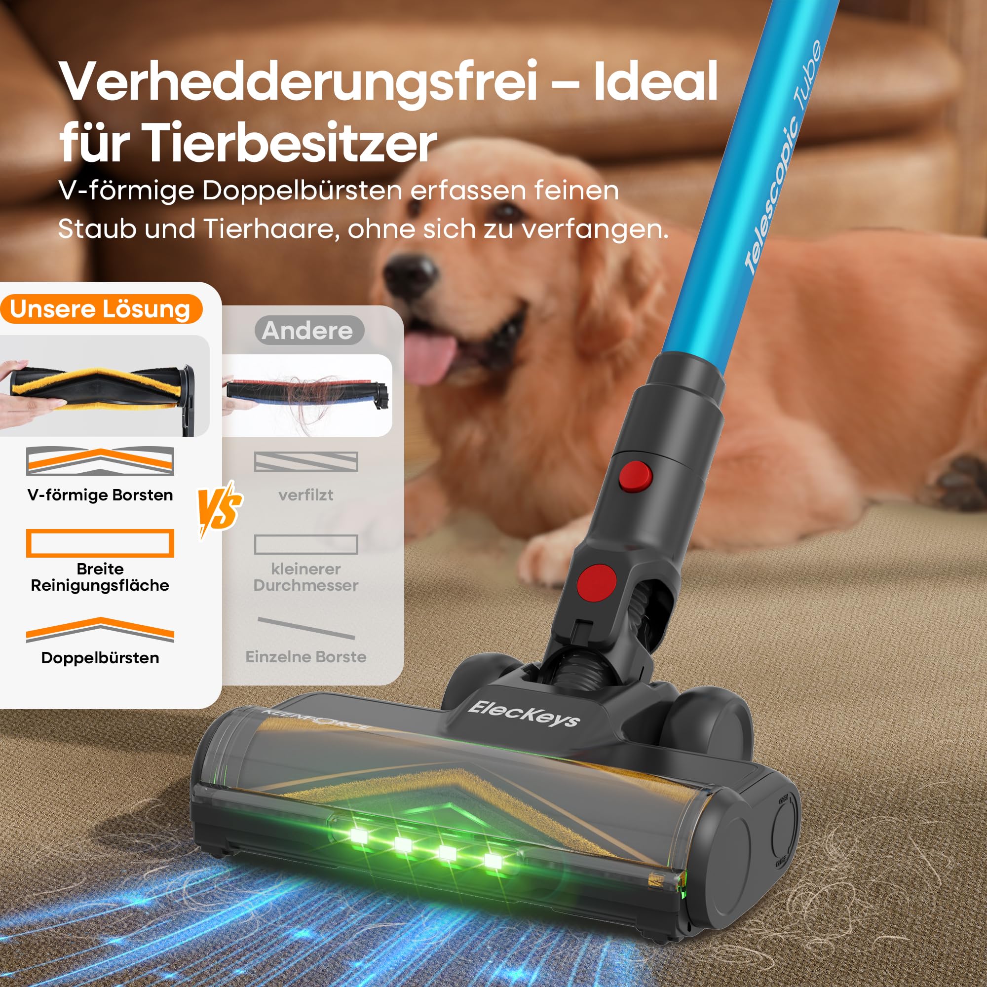 ElecKeys K10: 50000 Pa / 600 W / 70 Min – Akkusauger mit LED-Display, Anti-Tangle-Bürste & Wandstation – für Hartböden & Haustiere