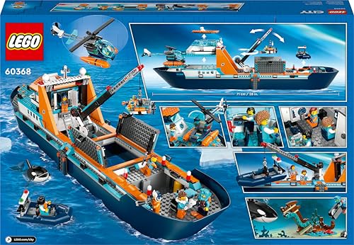 LEGO City Forschungsschiff 60368, schwimmfähiges Boot mit Hubschrauber, Beiboot, ROV, Wrack & Orca, Geschenk ab 7 J.