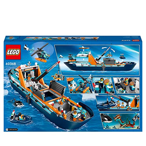 LEGO City Forschungsschiff 60368, schwimmfähiges Boot mit Hubschrauber, Beiboot, ROV, Wrack & Orca, Geschenk ab 7 J.