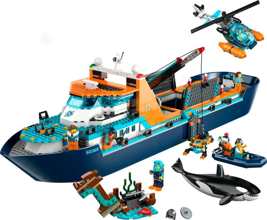LEGO City Forschungsschiff 60368, schwimmfähiges Boot mit Hubschrauber, Beiboot, ROV, Wrack & Orca, Geschenk ab 7 J.