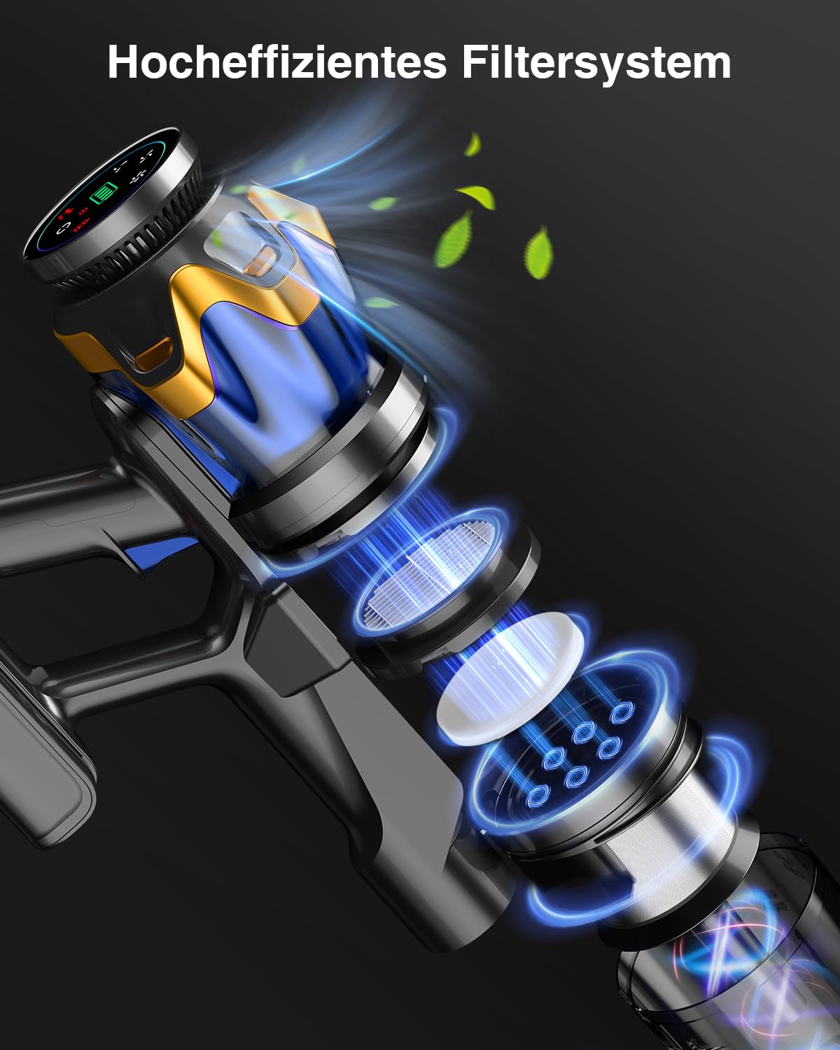 Akku Staubsauger 45000Pa/550W/65Min, 1,6L Staubsauger Kabellos mit Display, Anti-Tangle-Bürste, Selbststehend, Wandladestation, 8-Schicht-Filtration