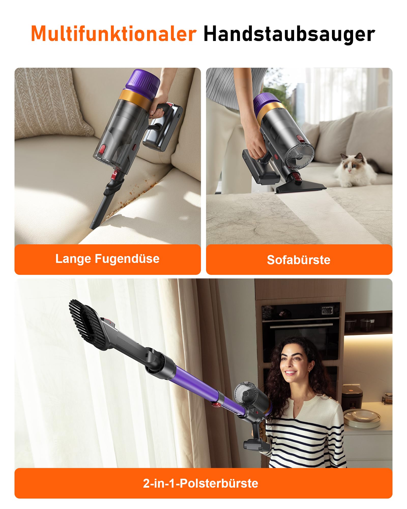 TVTAU: 55000 Pa / 620 W / 75 Min – 1,8 L Akkusauger mit Display & Anti-Tangle-Bürste – Wandladestation für Auto, Teppiche & Hartböden