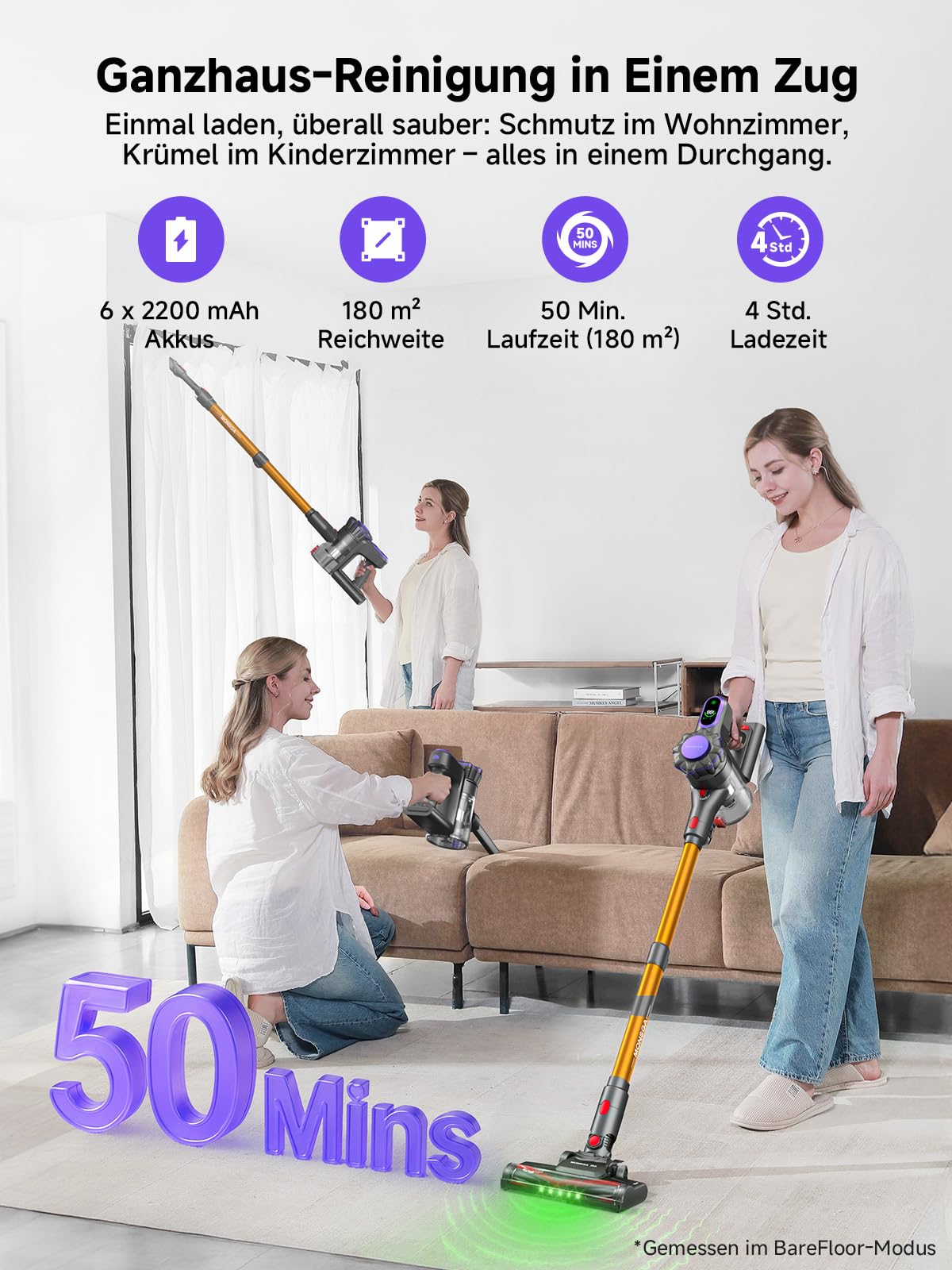 MONSGA: 45000 Pa / 50 Min – Akku-Staubsauger mit Display, Selbststeh-Design, 8-Schicht-Filter & Wandhalterung – für Teppiche & Tierhaare