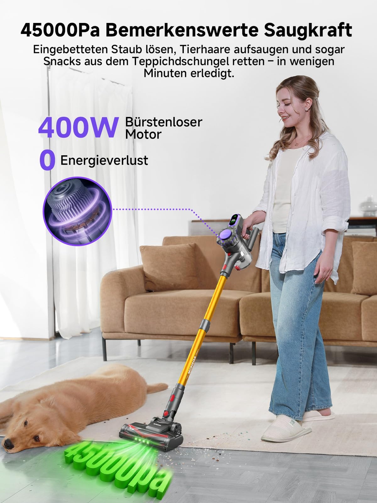 MONSGA: 45000 Pa / 50 Min – Akku-Staubsauger mit Display, Selbststeh-Design, 8-Schicht-Filter & Wandhalterung – für Teppiche & Tierhaare