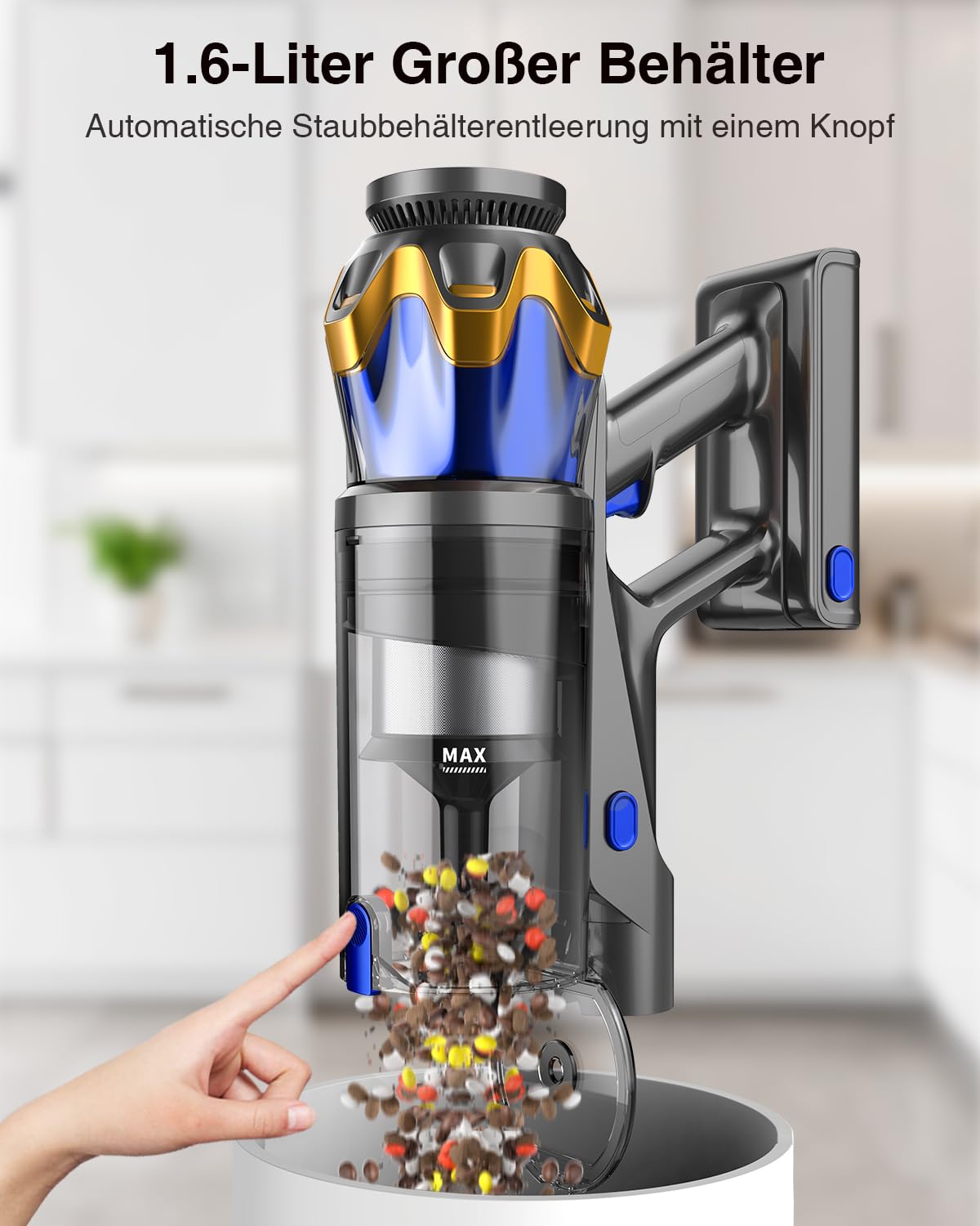 Akku Staubsauger 45000Pa/550W/65Min, 1,6L Staubsauger Kabellos mit Display, Anti-Tangle-Bürste, Selbststehend, Wandladestation, 8-Schicht-Filtration