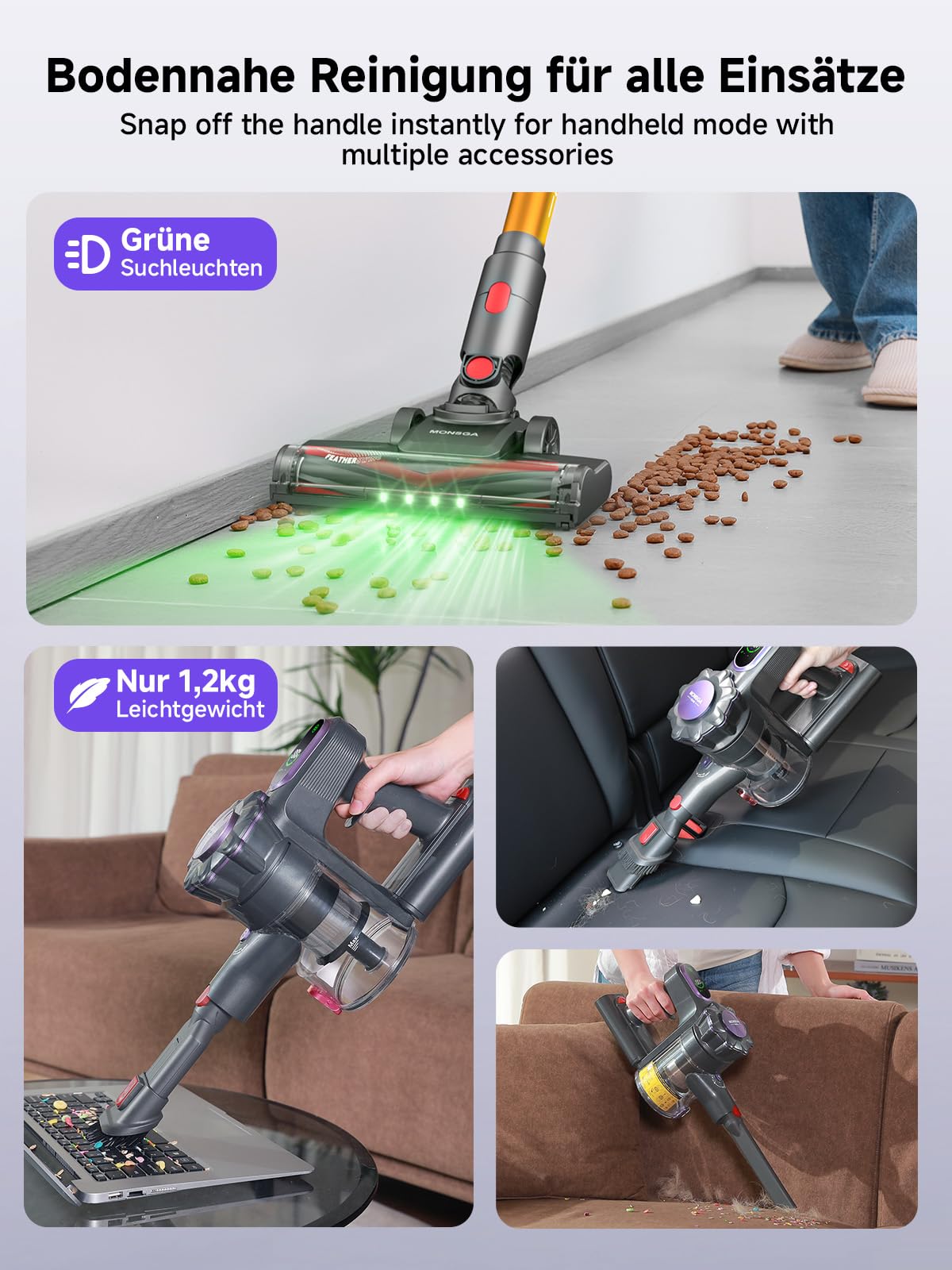 MONSGA: 45000 Pa / 50 Min – Akku-Staubsauger mit Display, Selbststeh-Design, 8-Schicht-Filter & Wandhalterung – für Teppiche & Tierhaare