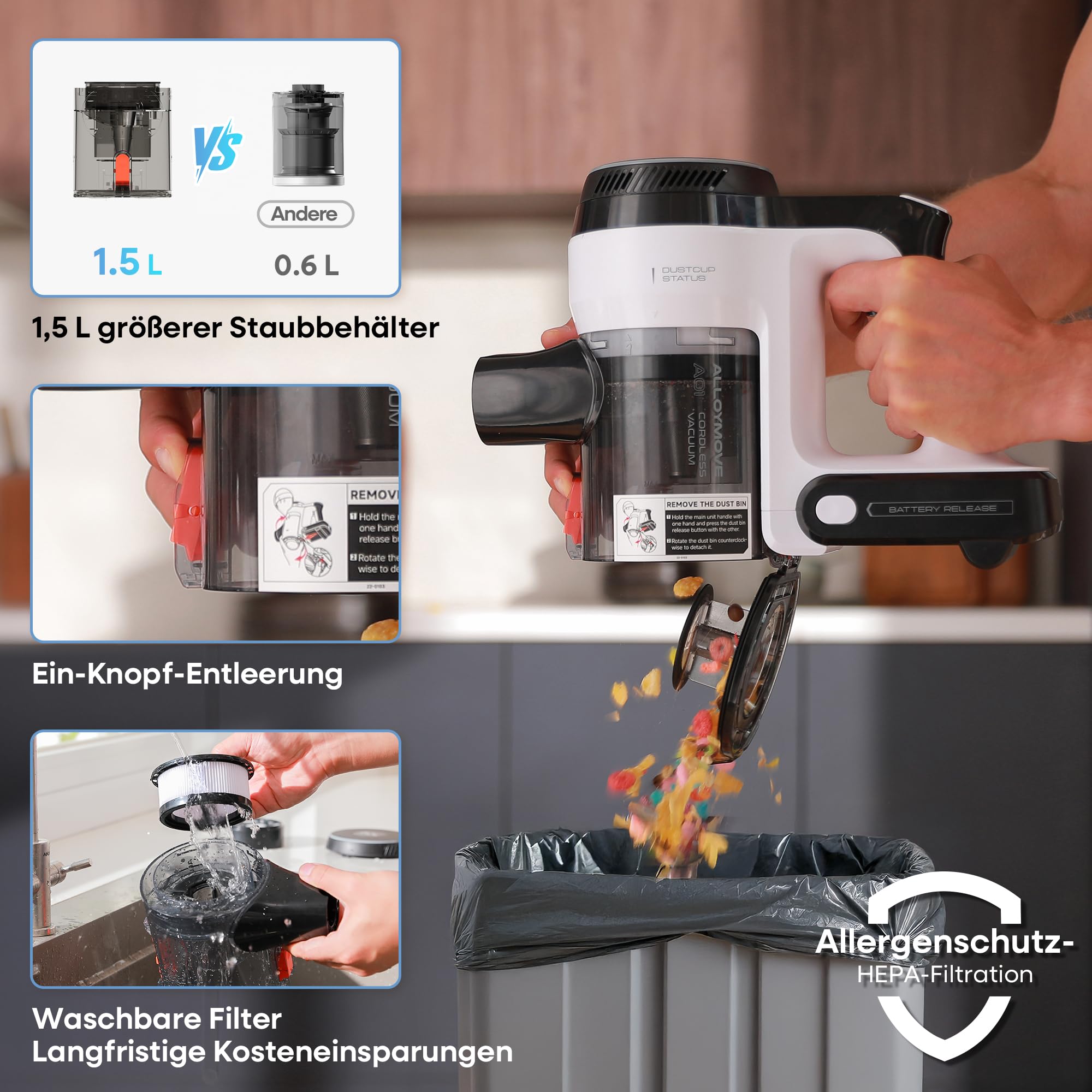 AlloyMove A01: 48000 Pa / 550 W / 65 Min – Akkusauger mit Anti-Tangle-Bürste & Wandhalterung – leise und stark für Auto & Hartböden