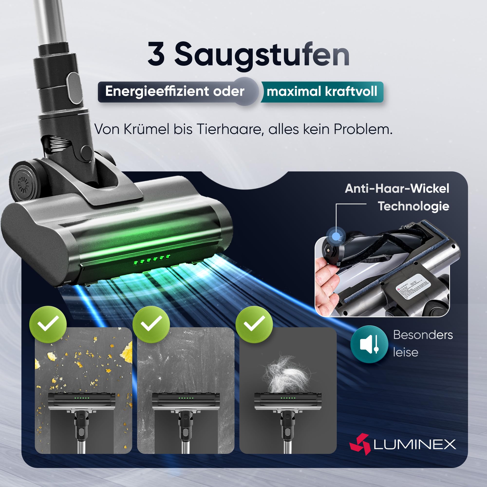 3-in-1 Akkustaubsauger: Mit LED-Display & Echtzeit-Akkuanzeige – Anti-Tangle Bürste für Tierhaare – beutellos für Auto, Teppich & Haushalt