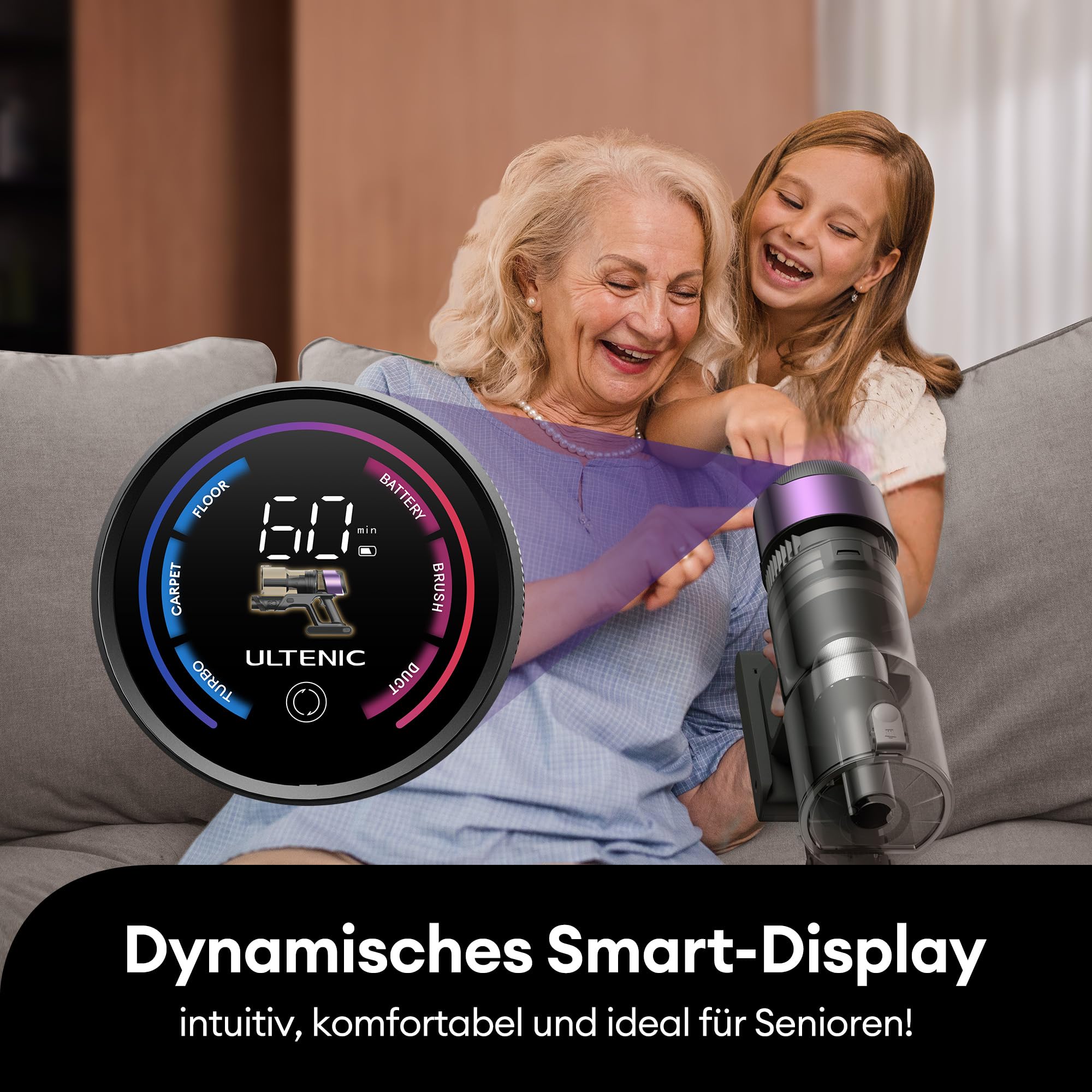 Ultenic U20: 55000 Pa / 600 W / 60 Min – Kabelloser Staubsauger mit Smart-Display, Anti-Tangle-Bürste & Wandhalterung – ideal für Tierhaare & Hartböden