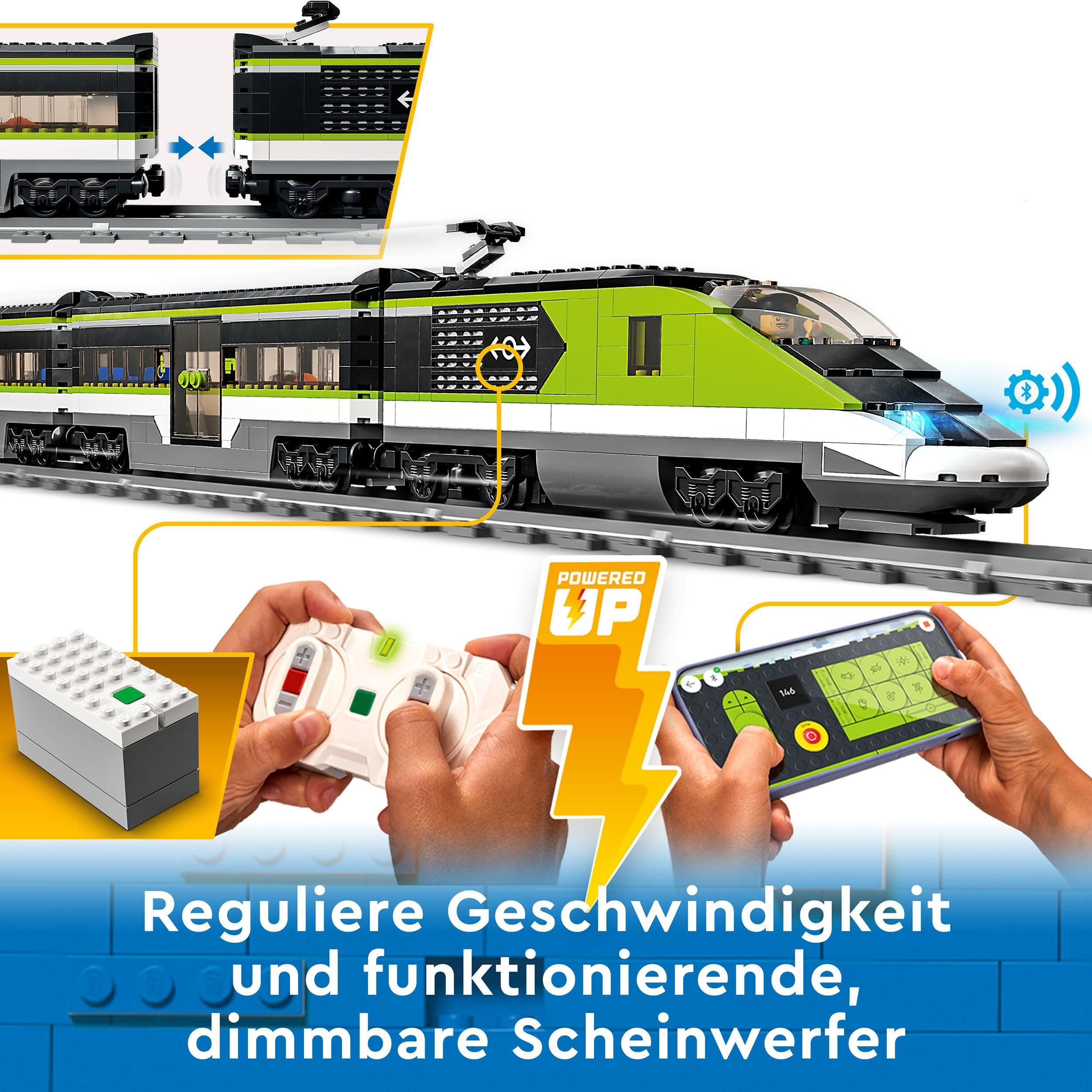 LEGO City Schnellzug 60337, RC-Personenzug mit Lichtern, 2 Waggons, 24 Schienen & 6 Minifiguren, Geschenk ab 7 Jahren
