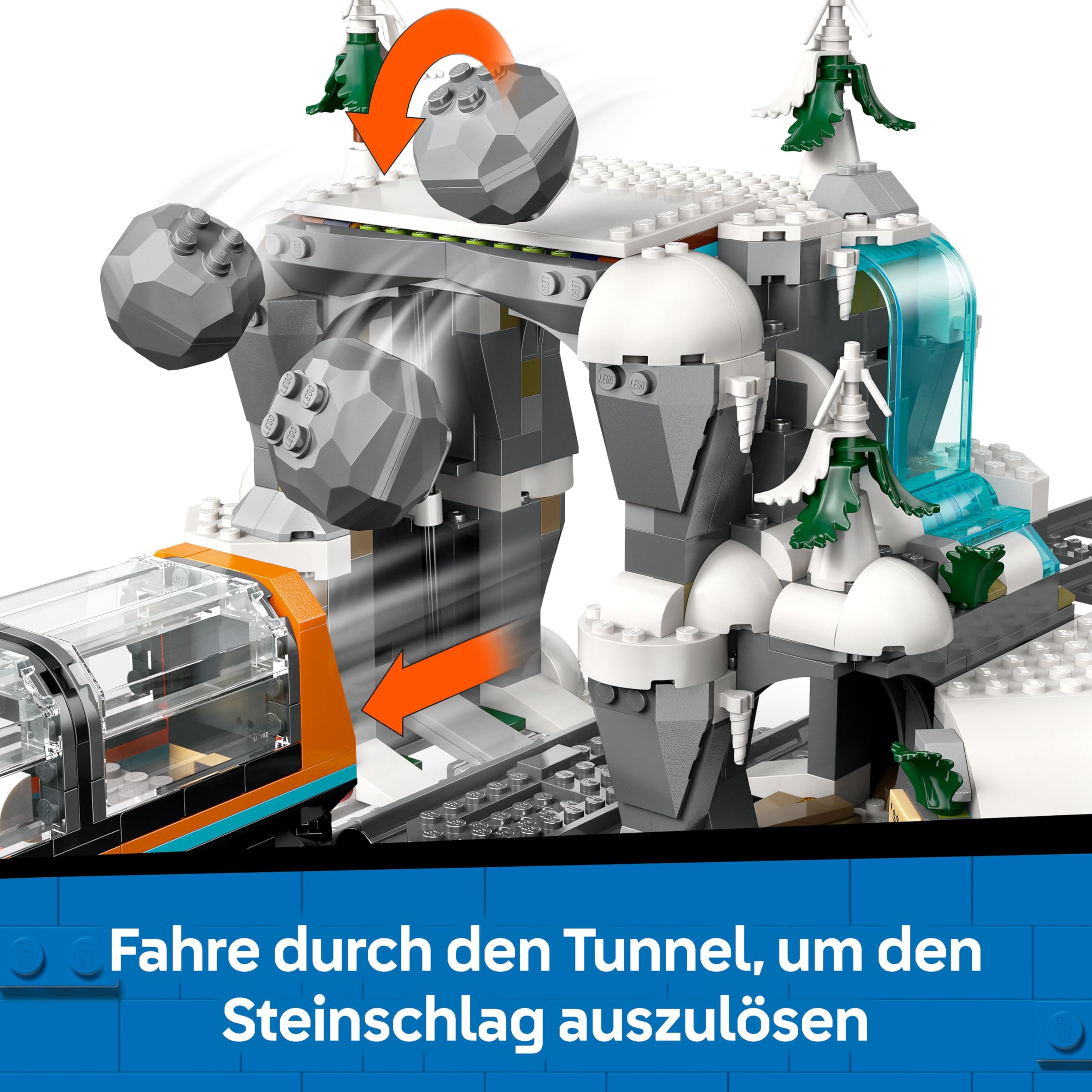 LEGO City 60470 Polarexpress, ferngesteuerter Zug mit Schneepflug, 22 Schienen, 6 Figuren & Felssturz-Funktion, ab 7 J.