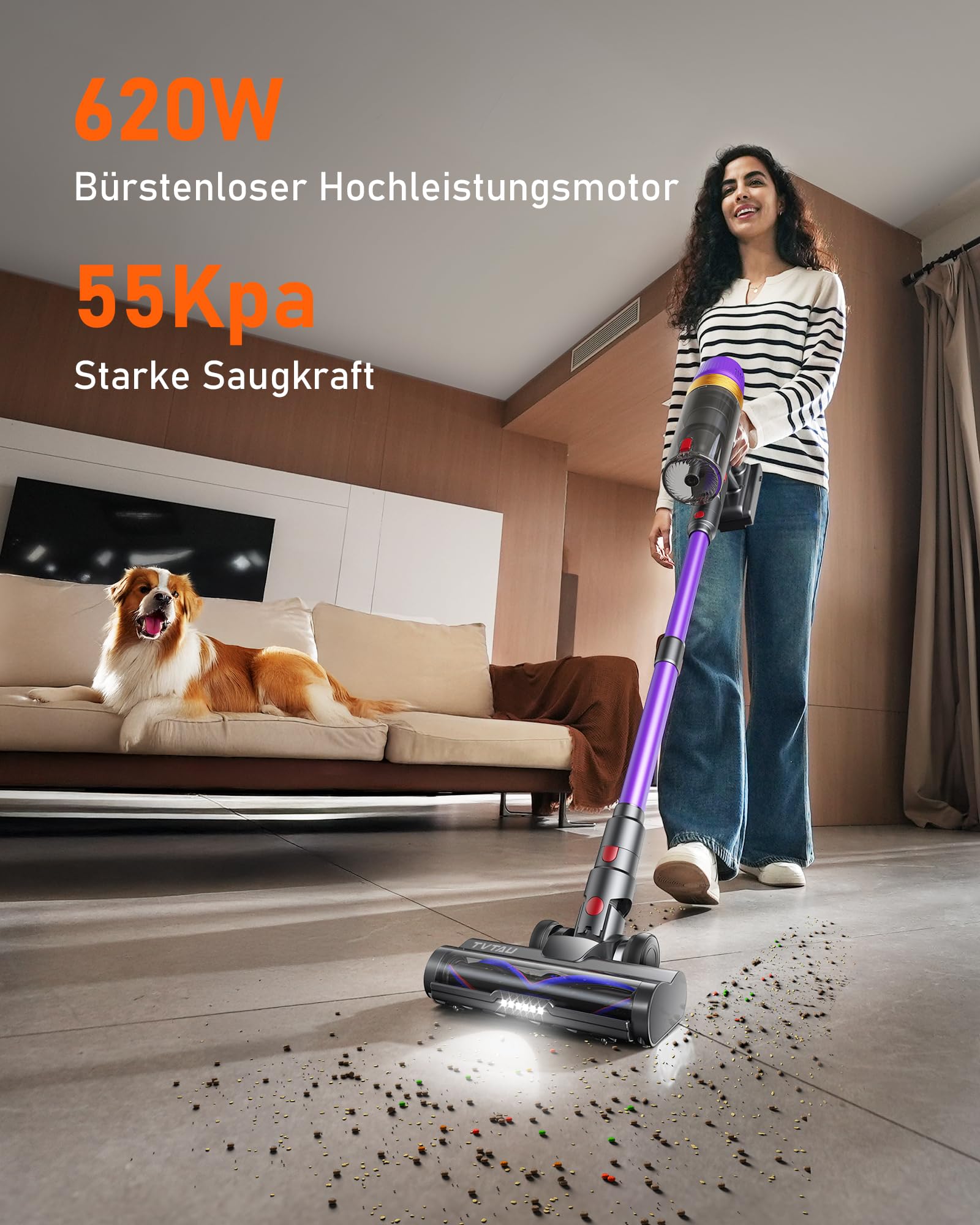 TVTAU: 55000 Pa / 620 W / 75 Min – 1,8 L Akkusauger mit Display & Anti-Tangle-Bürste – Wandladestation für Auto, Teppiche & Hartböden
