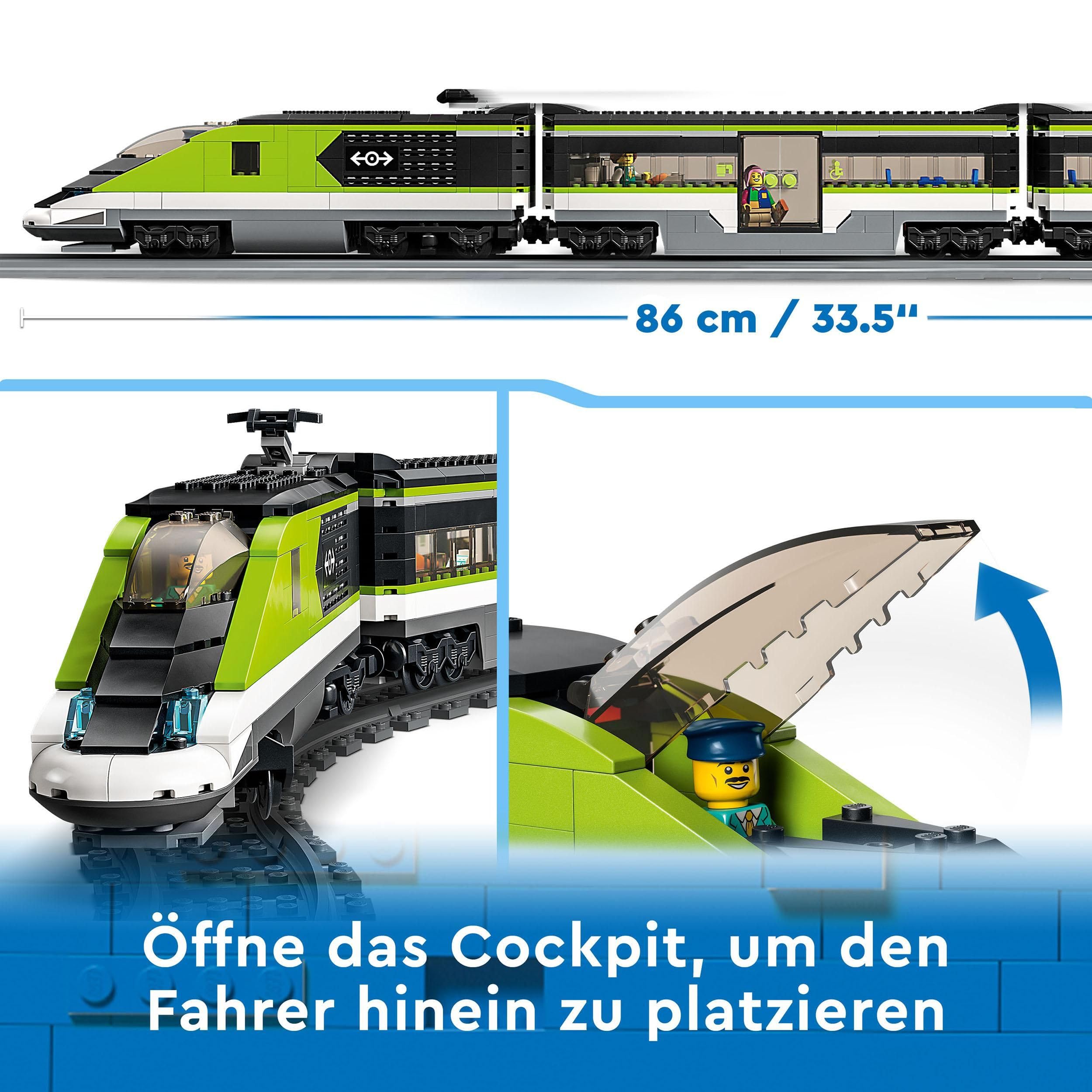 LEGO City Schnellzug 60337, RC-Personenzug mit Lichtern, 2 Waggons, 24 Schienen & 6 Minifiguren, Geschenk ab 7 Jahren