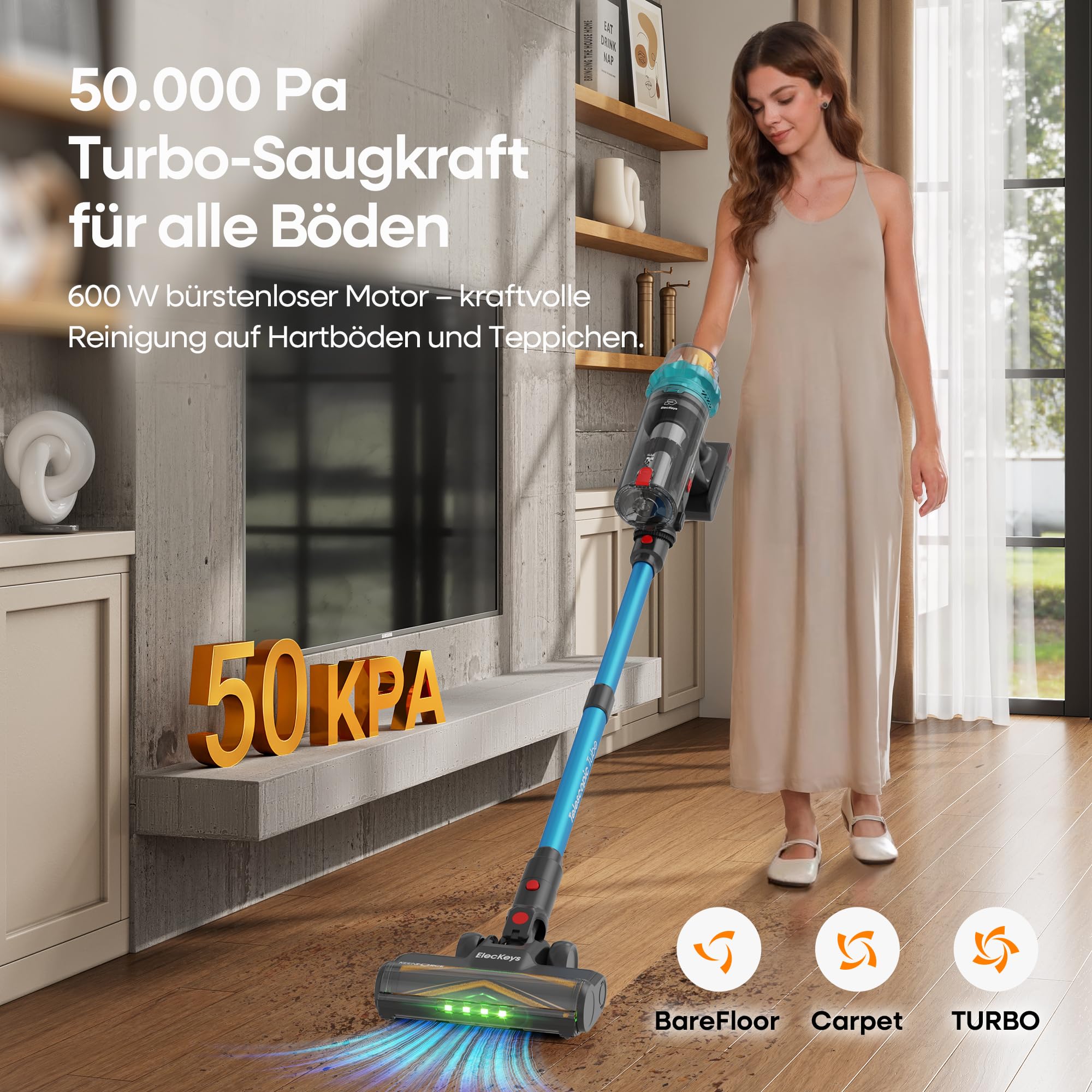 ElecKeys K10: 50000 Pa / 600 W / 70 Min – Akkusauger mit LED-Display, Anti-Tangle-Bürste & Wandstation – für Hartböden & Haustiere