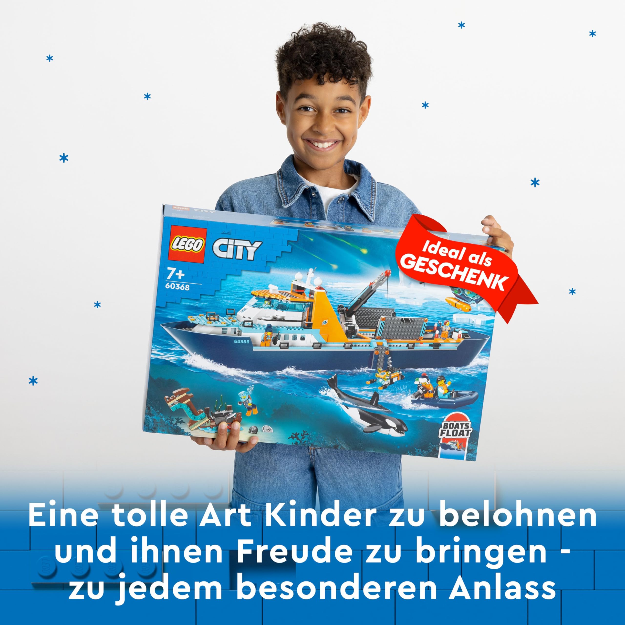 LEGO City Forschungsschiff 60368, schwimmfähiges Boot mit Hubschrauber, Beiboot, ROV, Wrack & Orca, Geschenk ab 7 J.