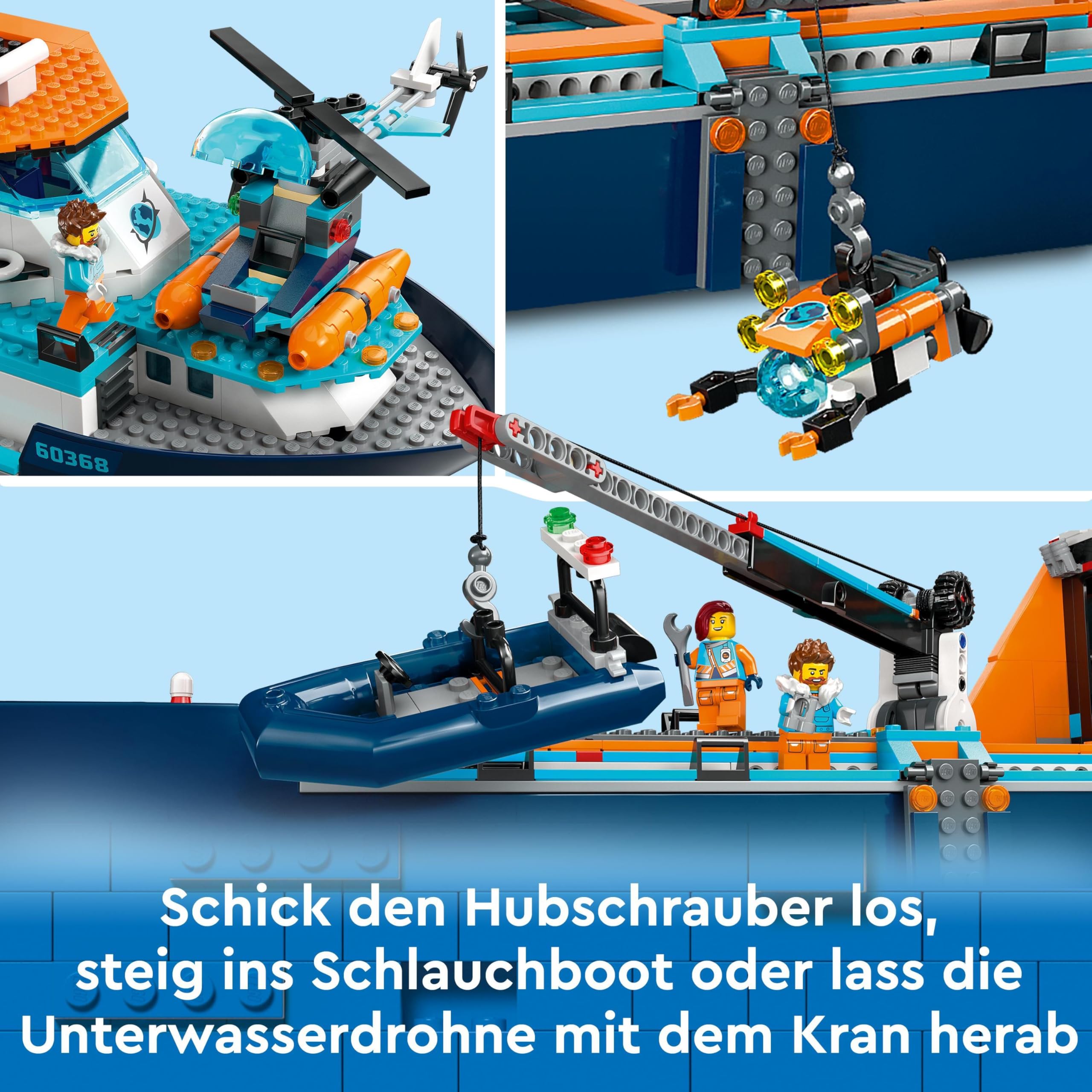 LEGO City Forschungsschiff 60368, schwimmfähiges Boot mit Hubschrauber, Beiboot, ROV, Wrack & Orca, Geschenk ab 7 J.