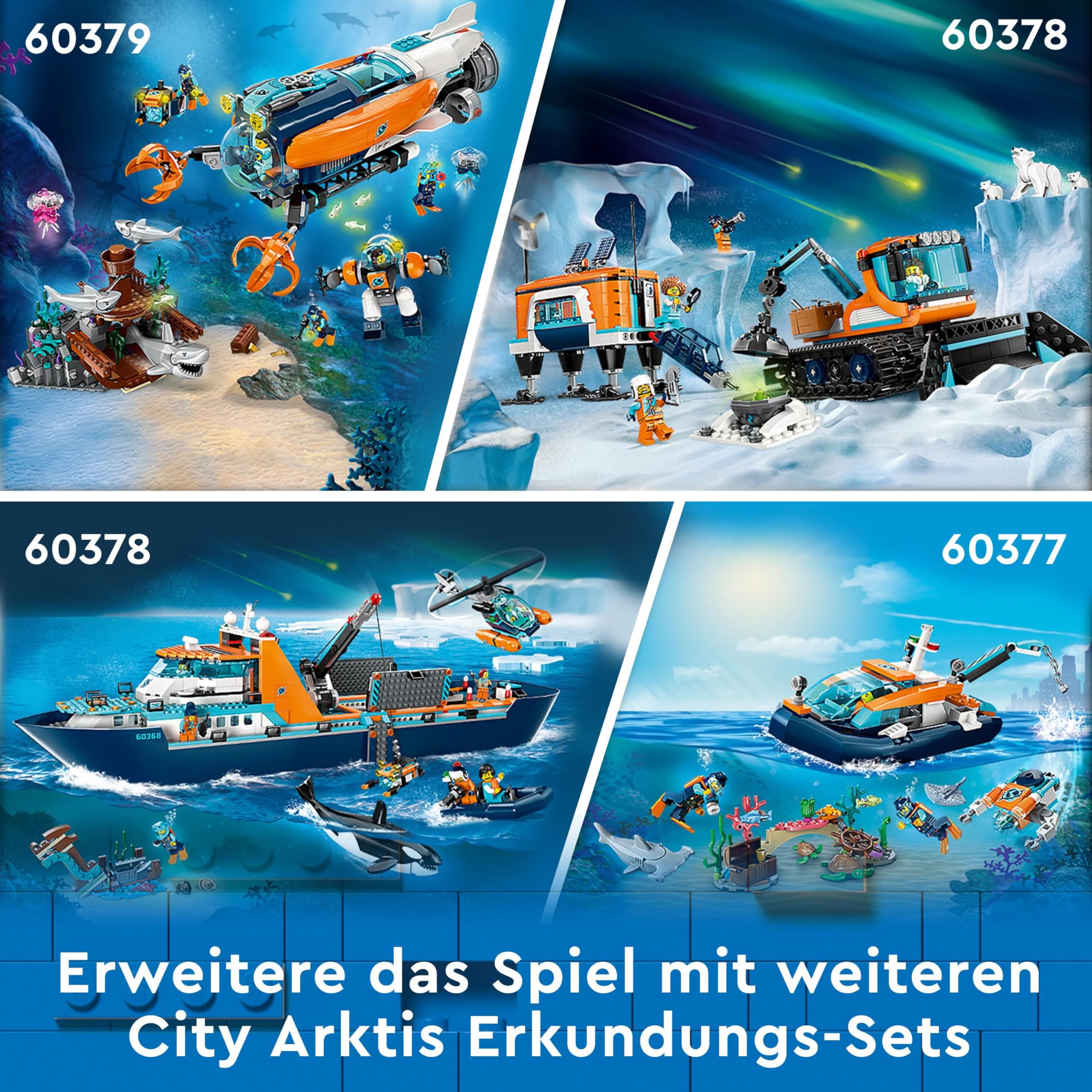 LEGO City Forschungsschiff 60368, schwimmfähiges Boot mit Hubschrauber, Beiboot, ROV, Wrack & Orca, Geschenk ab 7 J.