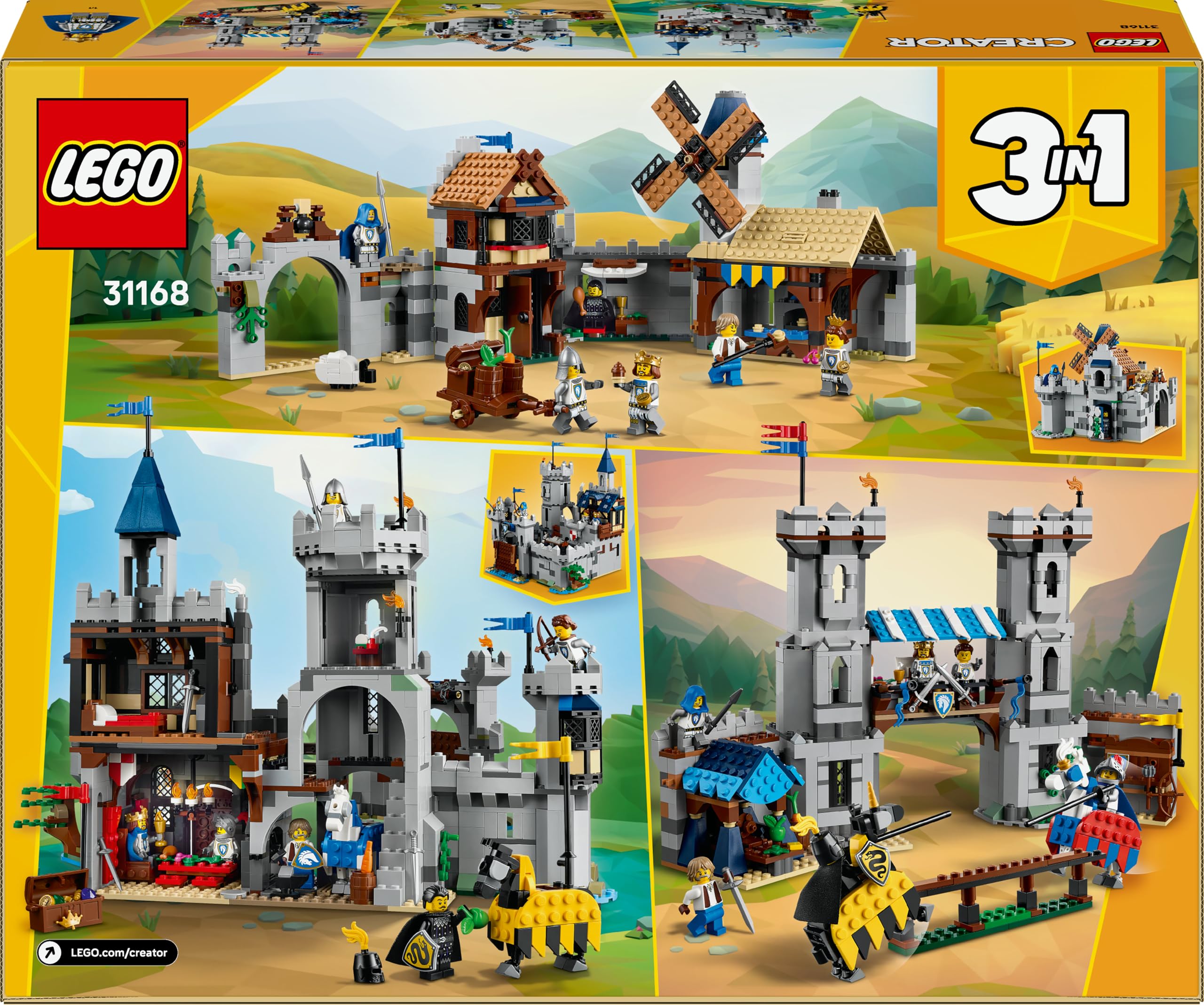 LEGO Creator 3-in-1 Ritterburg 31168, umbaubar in Turnierszene oder Stadt, inkl. 6 Minifiguren, Geschenk ab 9 Jahren