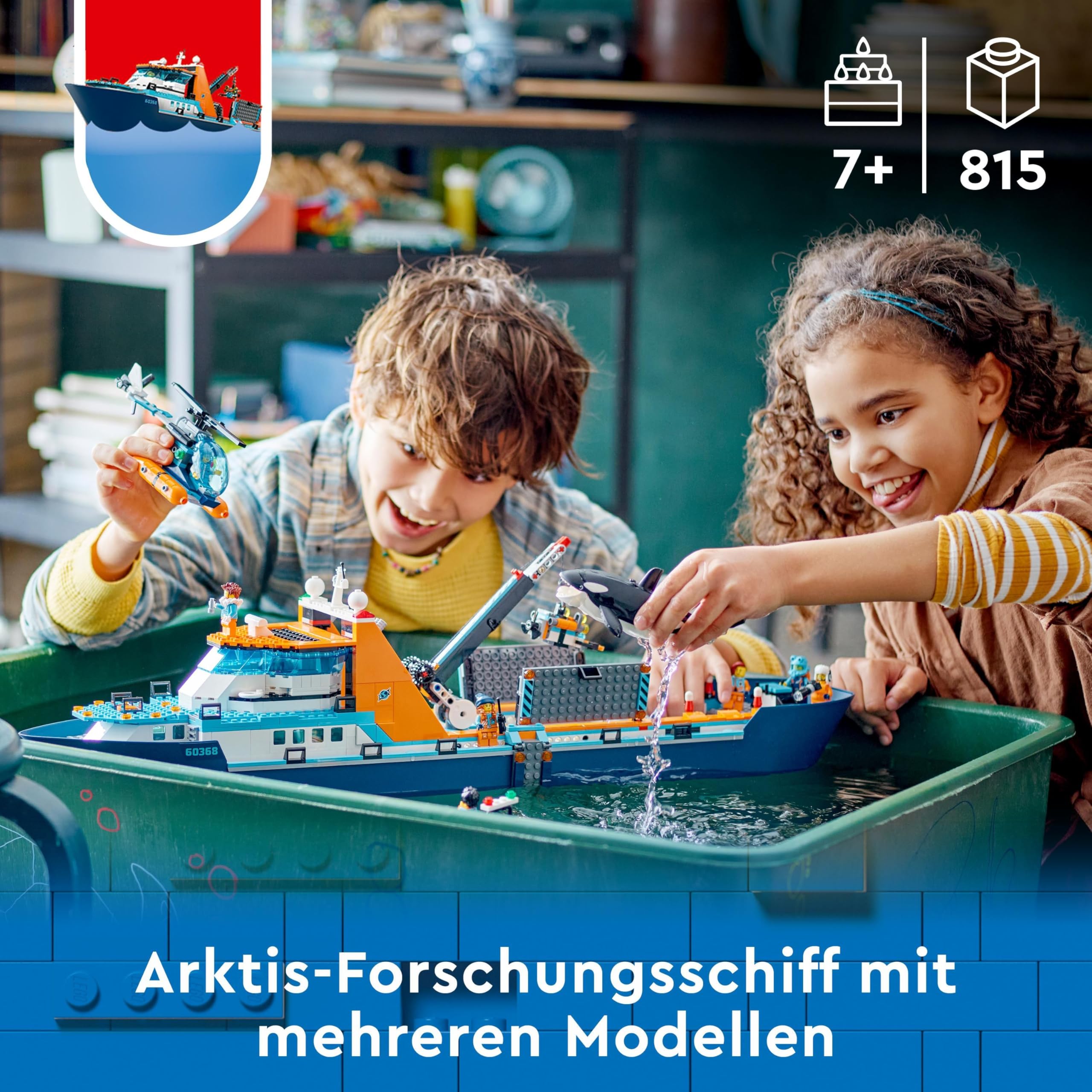 LEGO City Forschungsschiff 60368, schwimmfähiges Boot mit Hubschrauber, Beiboot, ROV, Wrack & Orca, Geschenk ab 7 J.