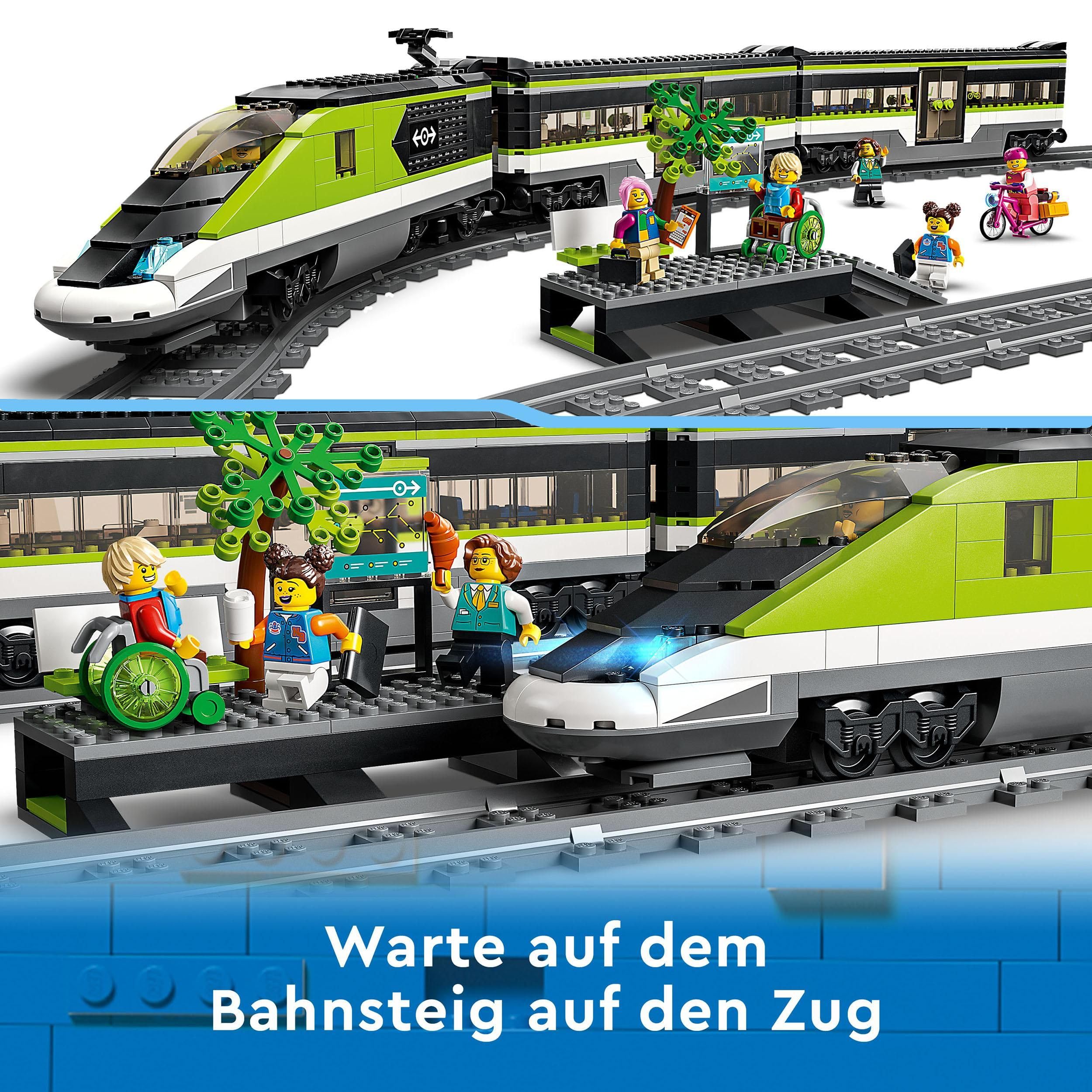 LEGO City Schnellzug 60337, RC-Personenzug mit Lichtern, 2 Waggons, 24 Schienen & 6 Minifiguren, Geschenk ab 7 Jahren