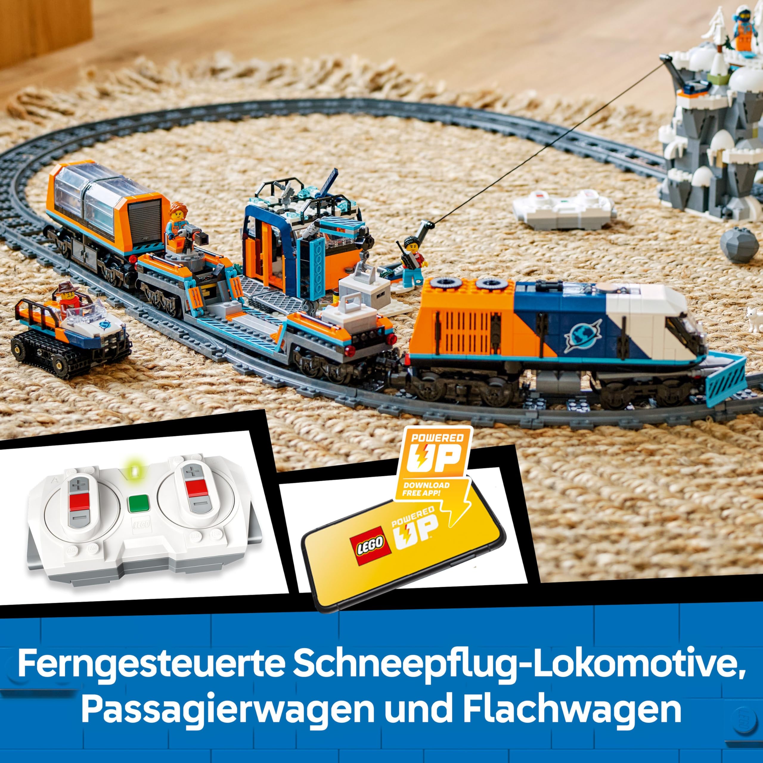LEGO City 60470 Polarexpress, ferngesteuerter Zug mit Schneepflug, 22 Schienen, 6 Figuren & Felssturz-Funktion, ab 7 J.