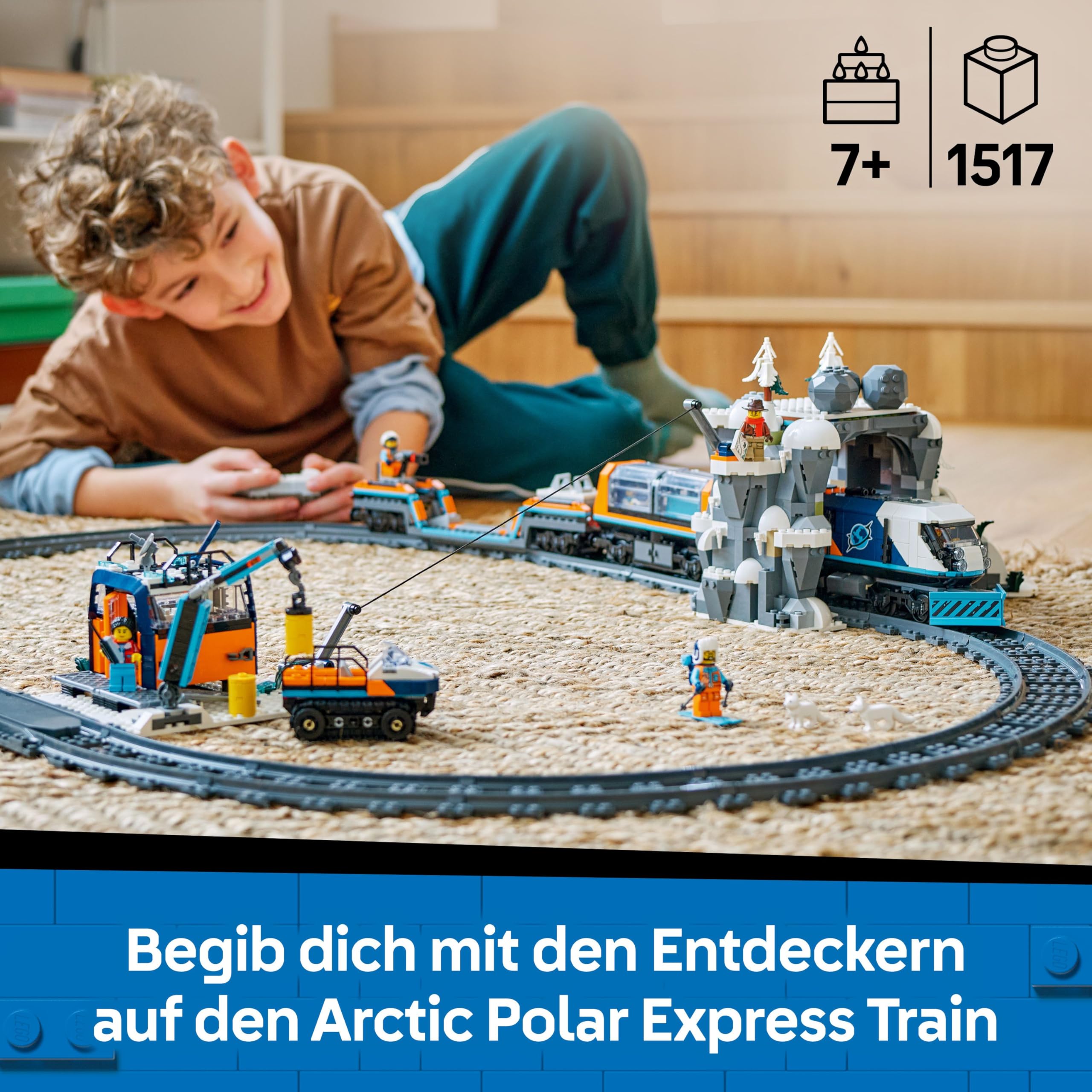 LEGO City 60470 Polarexpress, ferngesteuerter Zug mit Schneepflug, 22 Schienen, 6 Figuren & Felssturz-Funktion, ab 7 J.